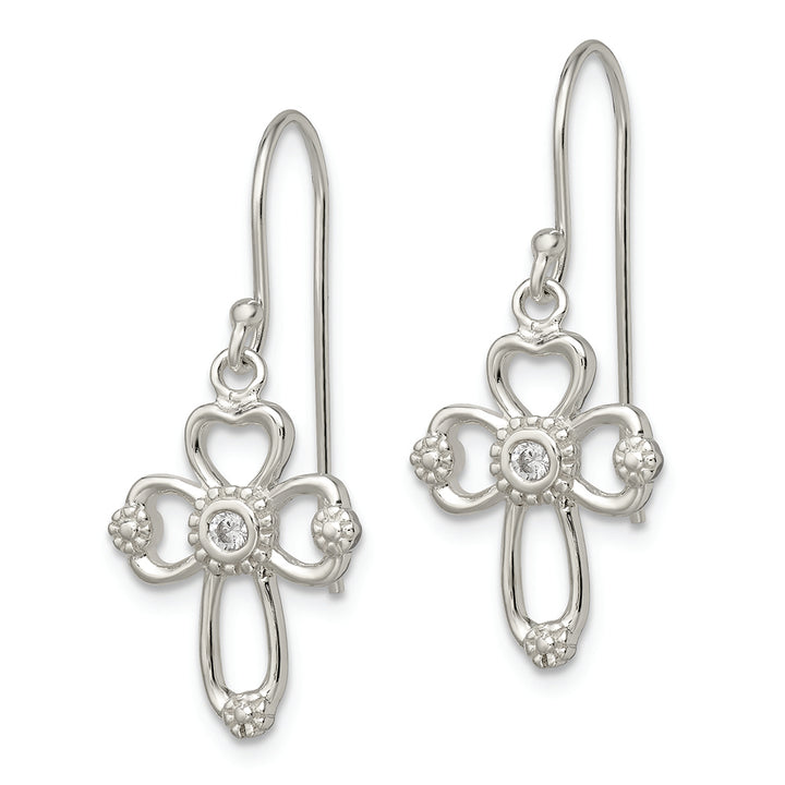 Sterling Silver Polished & Beaded CZ Cross Dangle Earrings Earrings