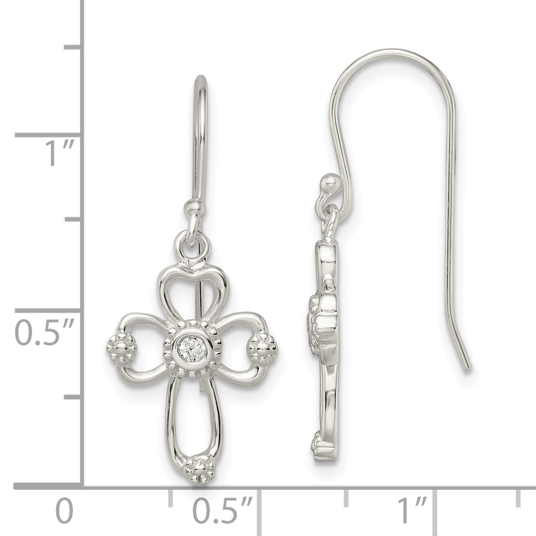 Sterling Silver Polished & Beaded CZ Cross Dangle Earrings Earrings