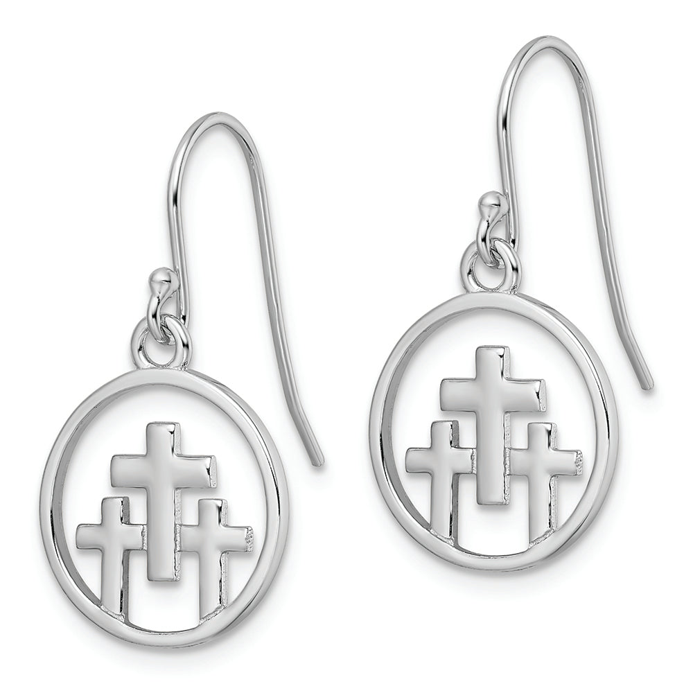 Sterling Silver RH-plated Polished 3 Crosses in Circle Dangle Earrings Earrings