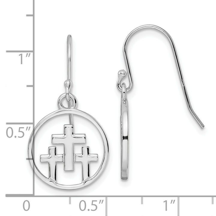 Sterling Silver RH-plated Polished 3 Crosses in Circle Dangle Earrings Earrings