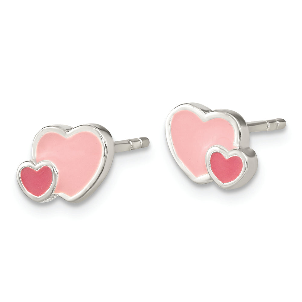 Sterling Silver Rhodium-plated Pink Enamel Double Heart Post Earrings Earrings