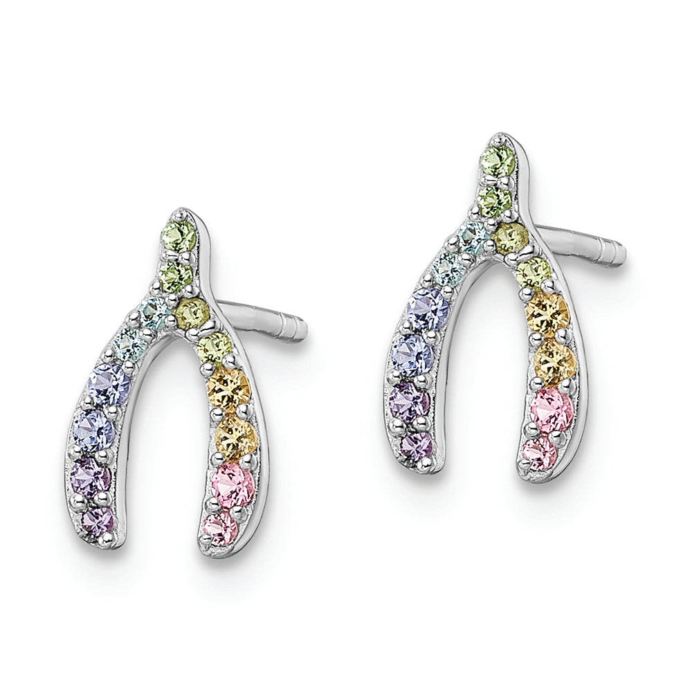 Sterling Silver RH-plated Rainbow Crystal Wishbone Post Earrings Earrings