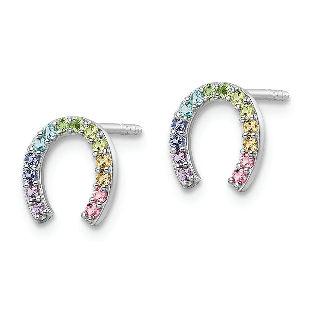 Sterling Silver RH-plated Rainbow Crystal Horseshoe Post Earrings Earrings