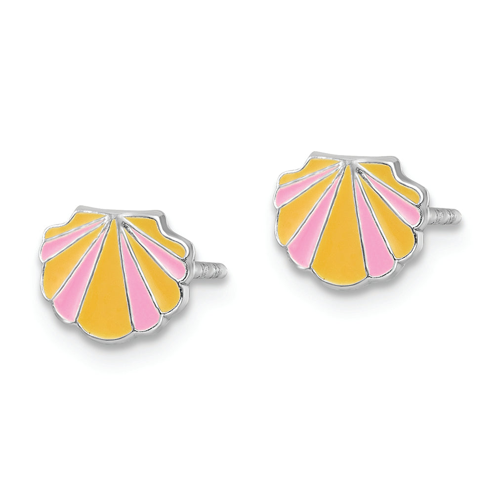 Sterling Silver RH-plated Pink/Orange Enamel Shell Children's Post Earrings Earrings