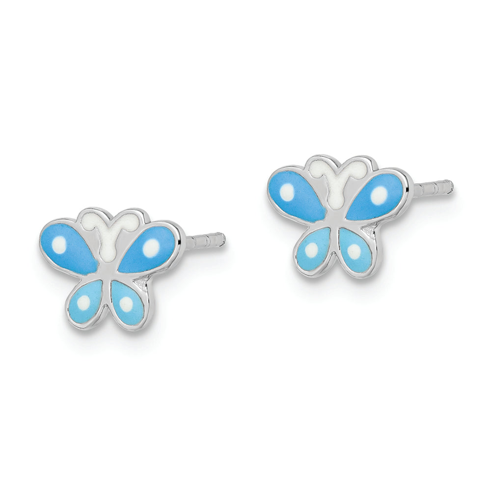 Sterling Silver RH-plated Blue Enameled Butterfly Children's Post Earrings Earrings