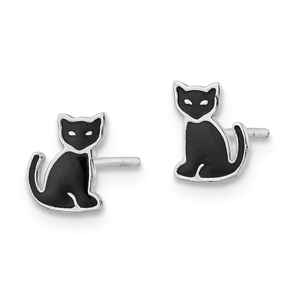 Sterling Silver RH-plated Polished Black Enameled Cat Post Earrings Earrings