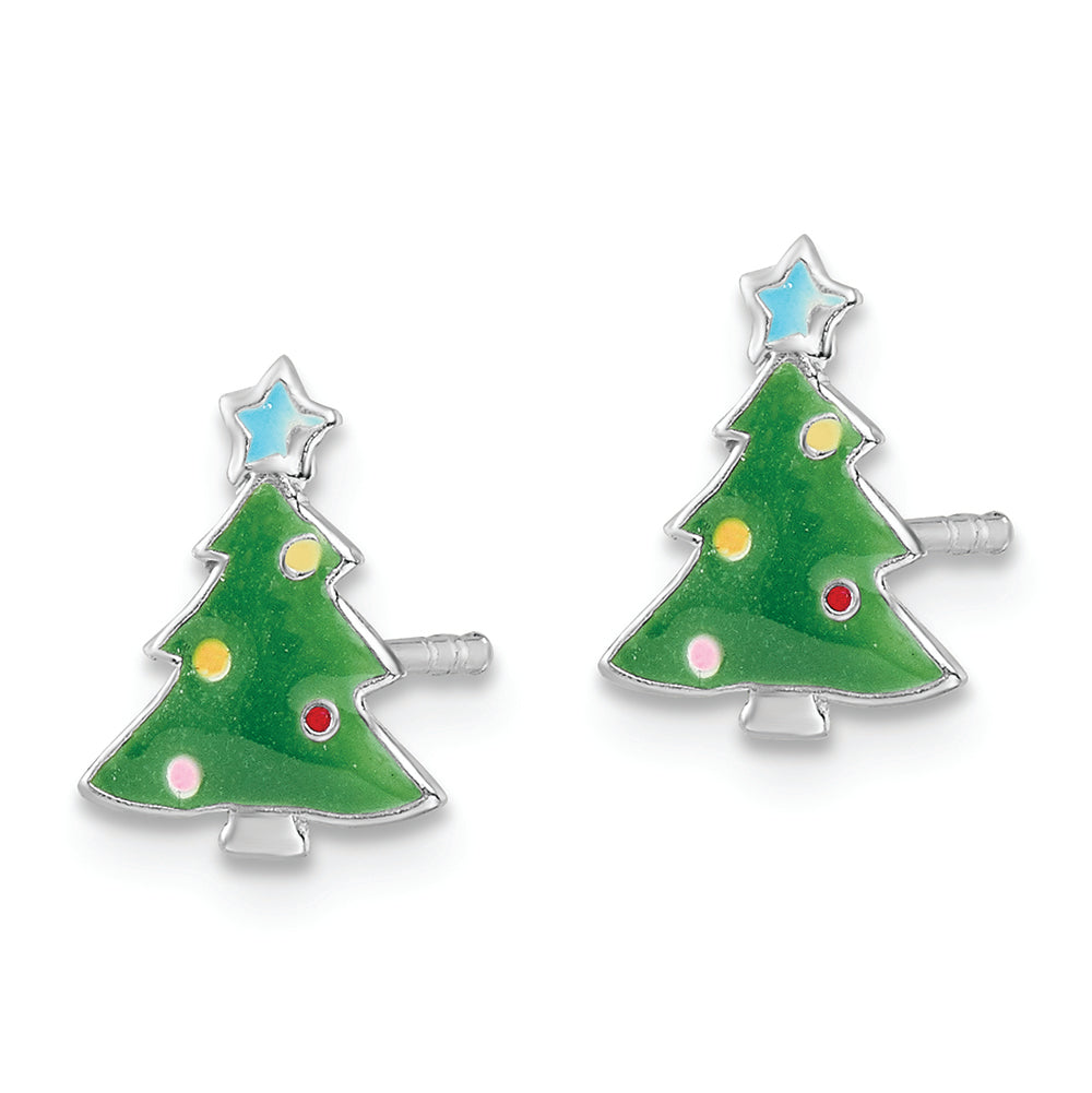 Sterling Silver RH-plated Enamel Kids Christmas Tree Post Earrings Earrings