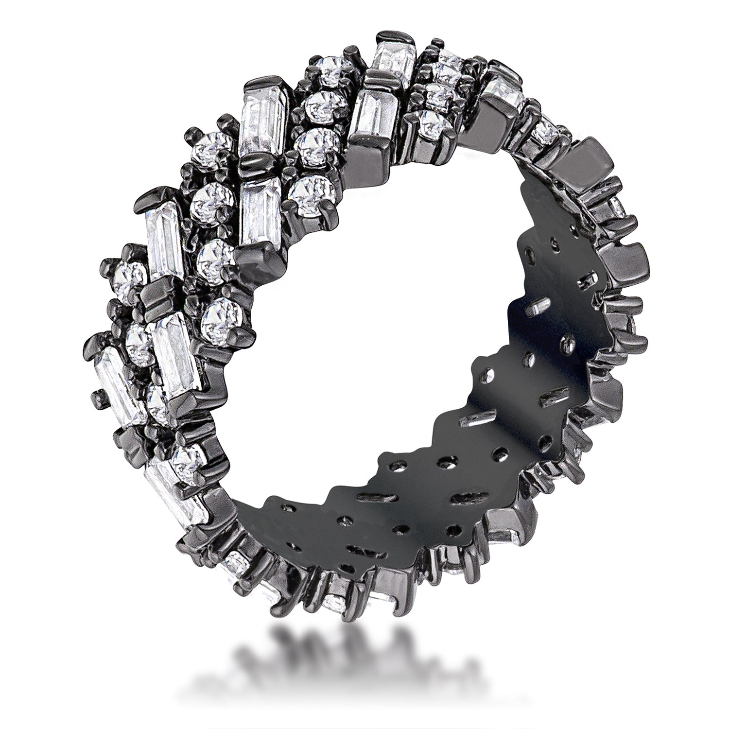 Hematite Clear CZ Alternating Baguette Round Eternity Band Rings