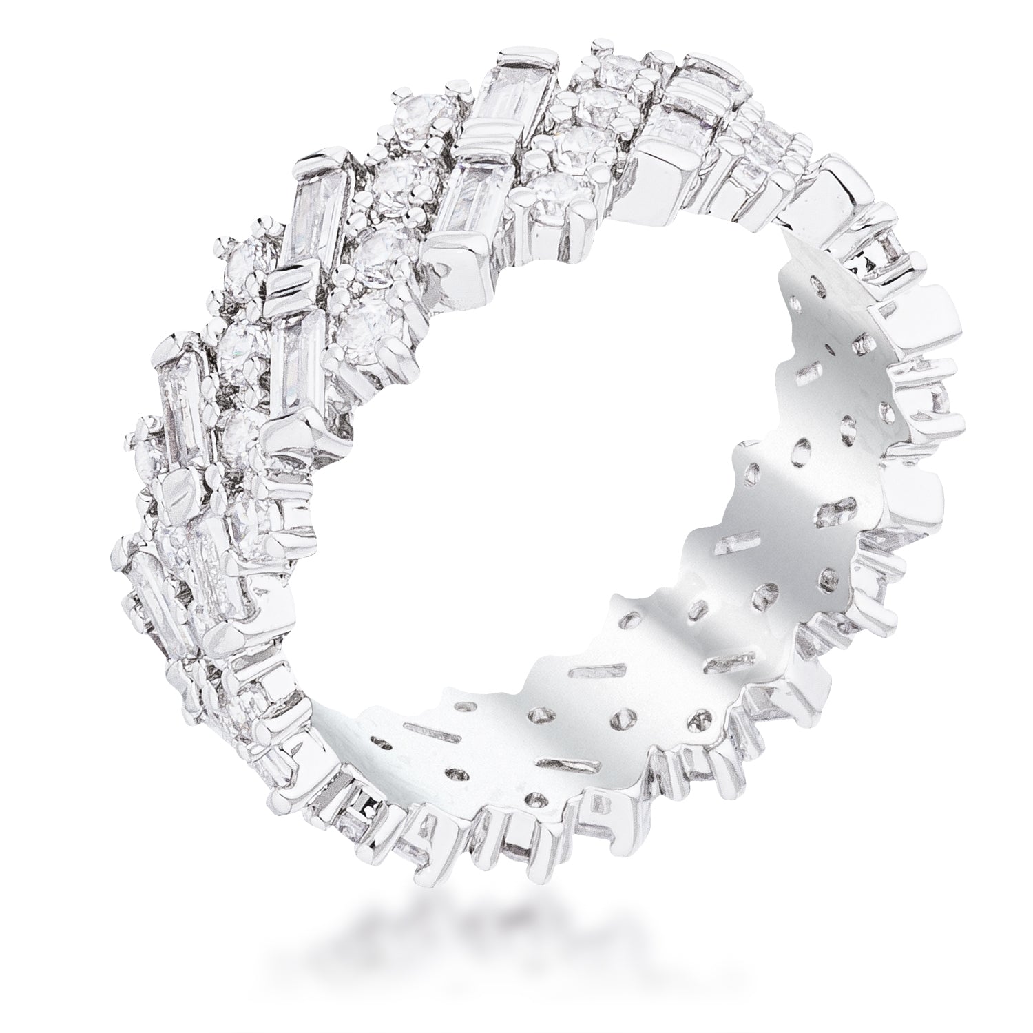Rhodium Clear CZ Alternating Baguette Round Eternity Band Rings