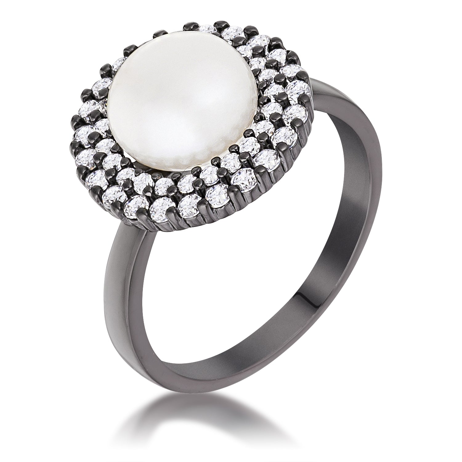 Hematite Double Halo Ethereal Pearl Cocktail Ring Rings