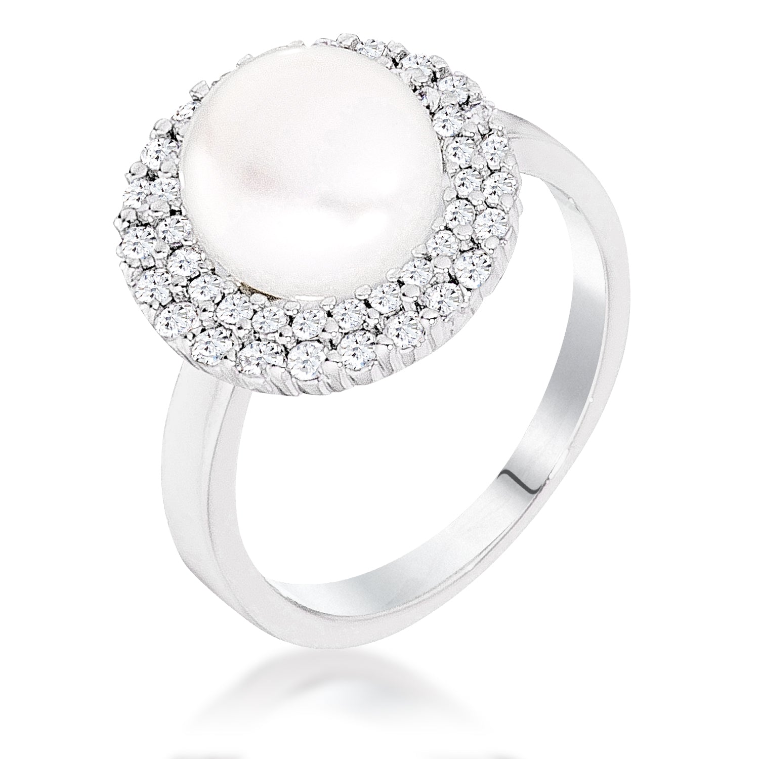 Rhodium Plated Double Halo Ethereal Pearl Cocktail Ring Rings