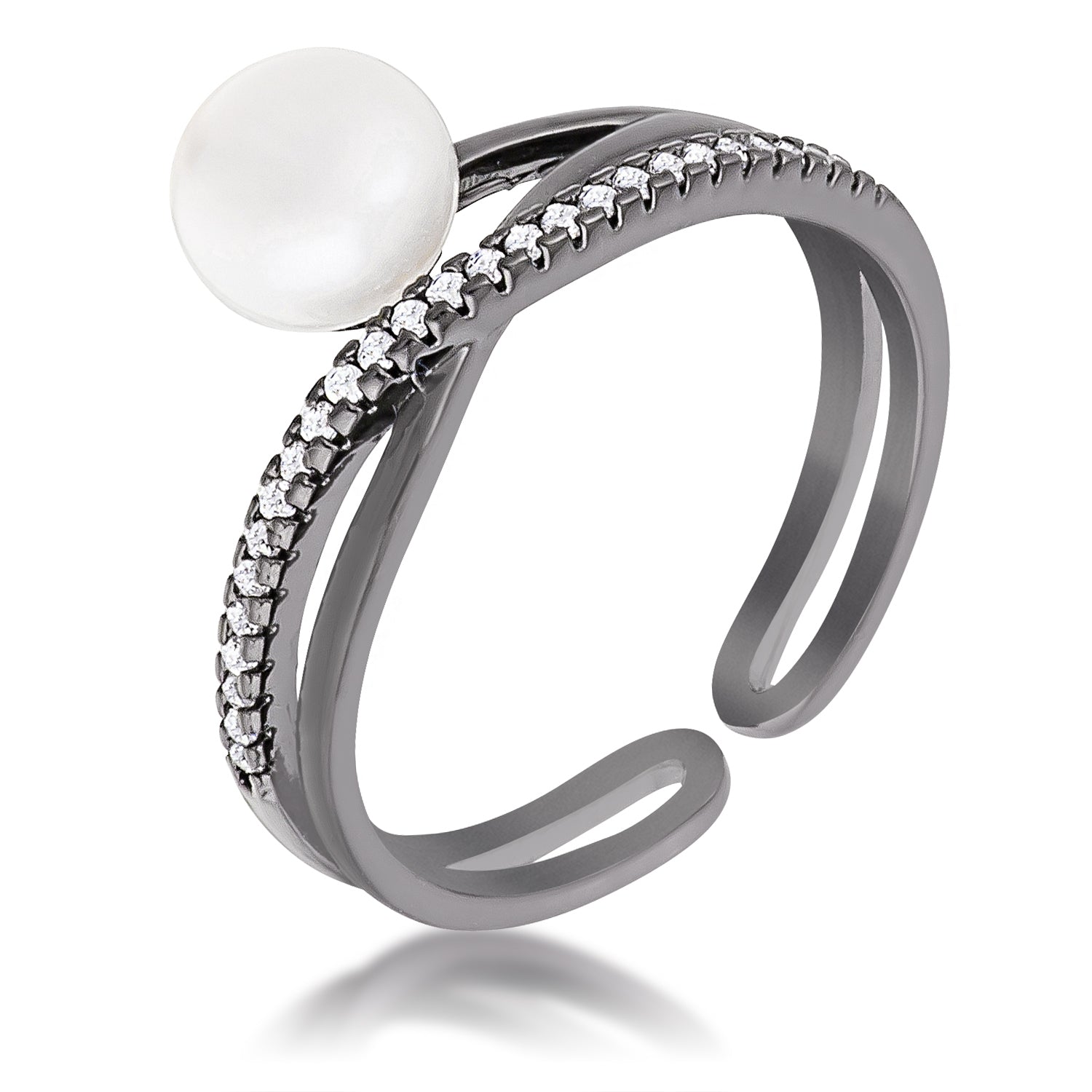 Hematite Pearl Ribbon Bypass Half Pave Ring Rings