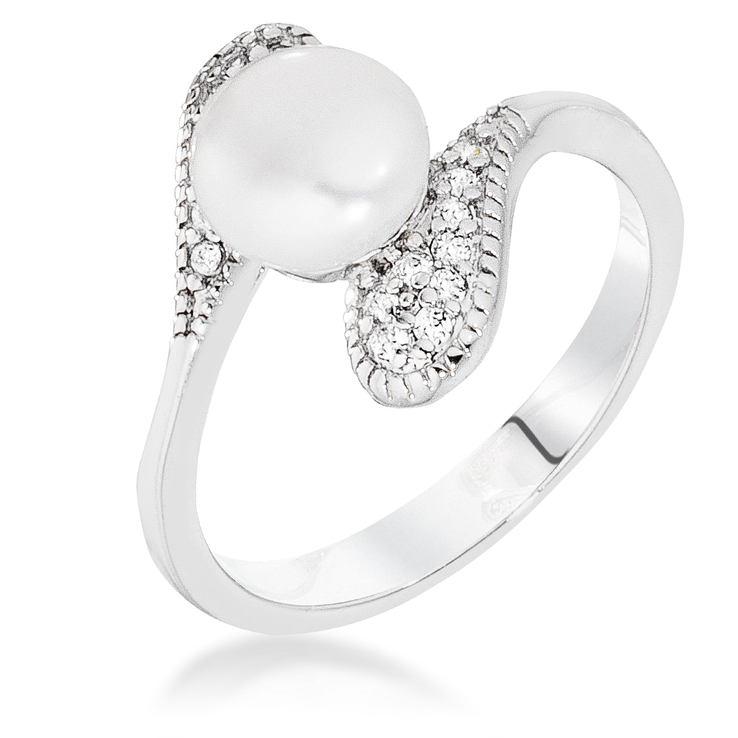 Rhodium Pearl Interlocked Double Teardrop Ring Rings
