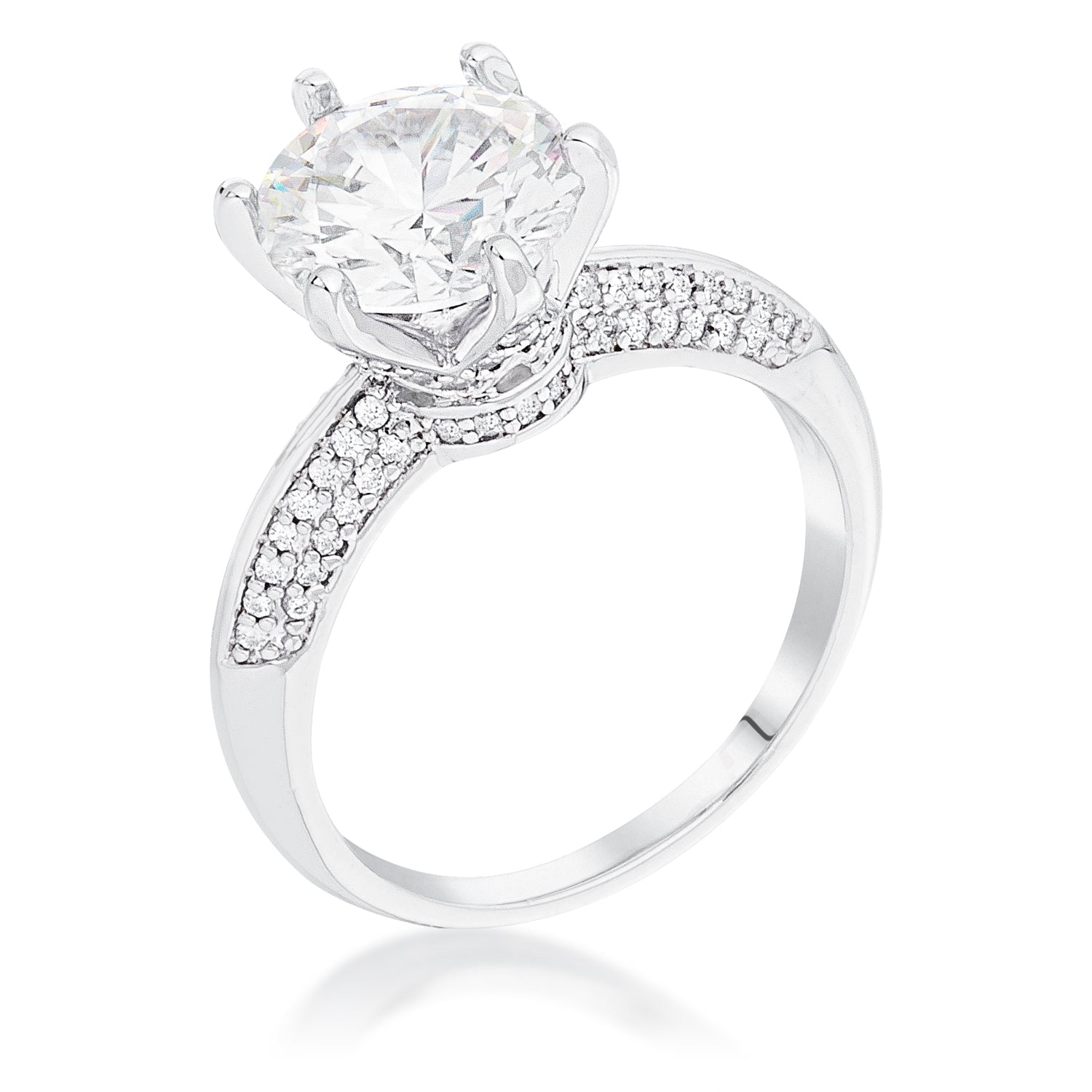 Rhodium Plated Clear CZ Round Solitaire Quad Micropave Ring Rings