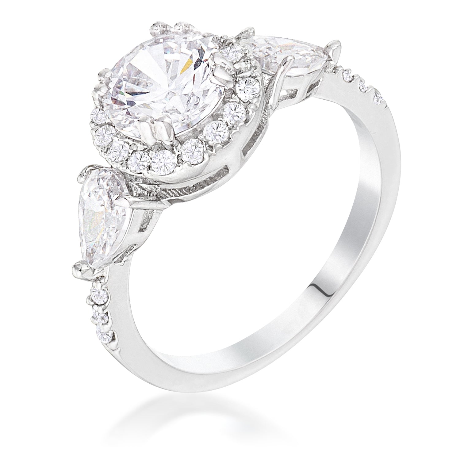 Rhodium Plated 3-Stone Clear CZ Round Halo Pear Engagement Ring Rings