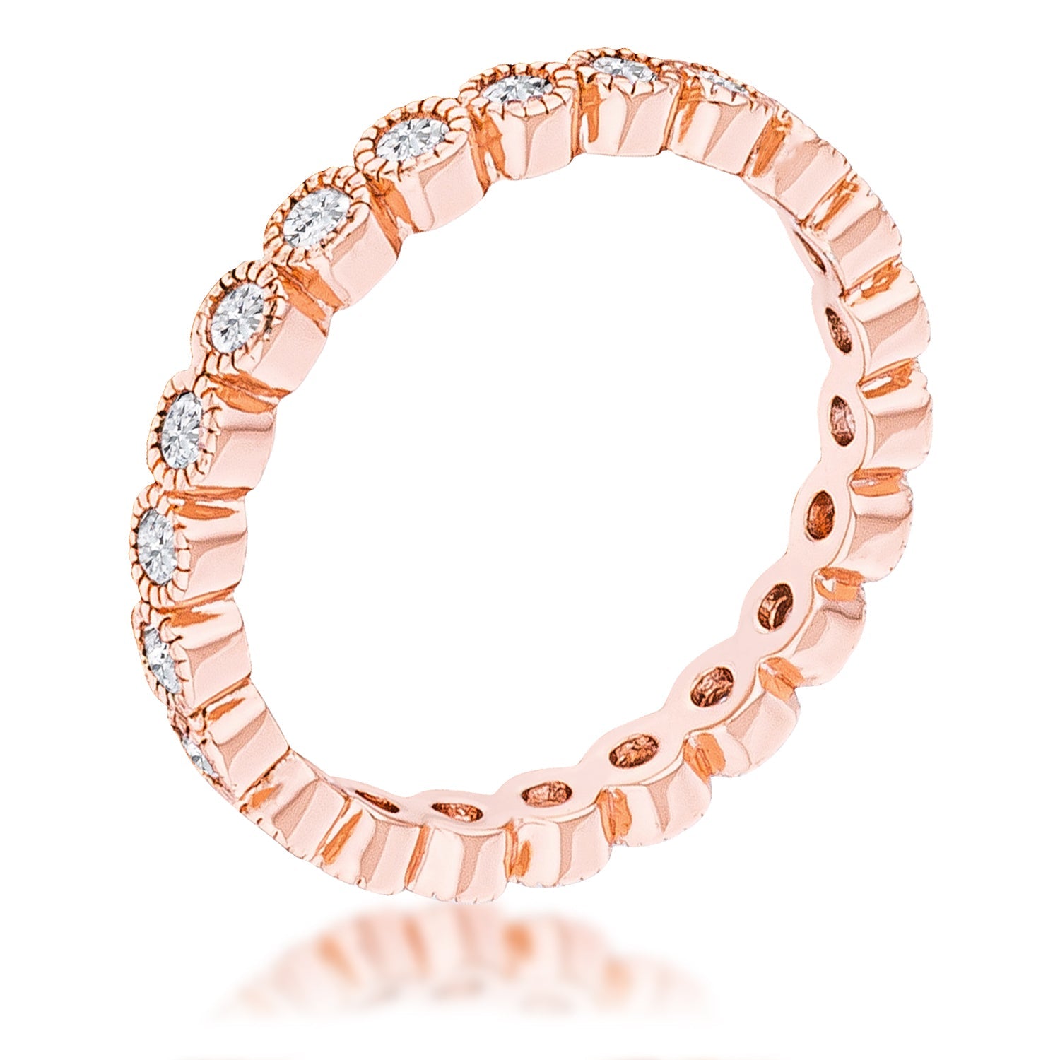 Rose Gold Plated Dotted Clear CZ Round Bezel Eternity Ring Rings