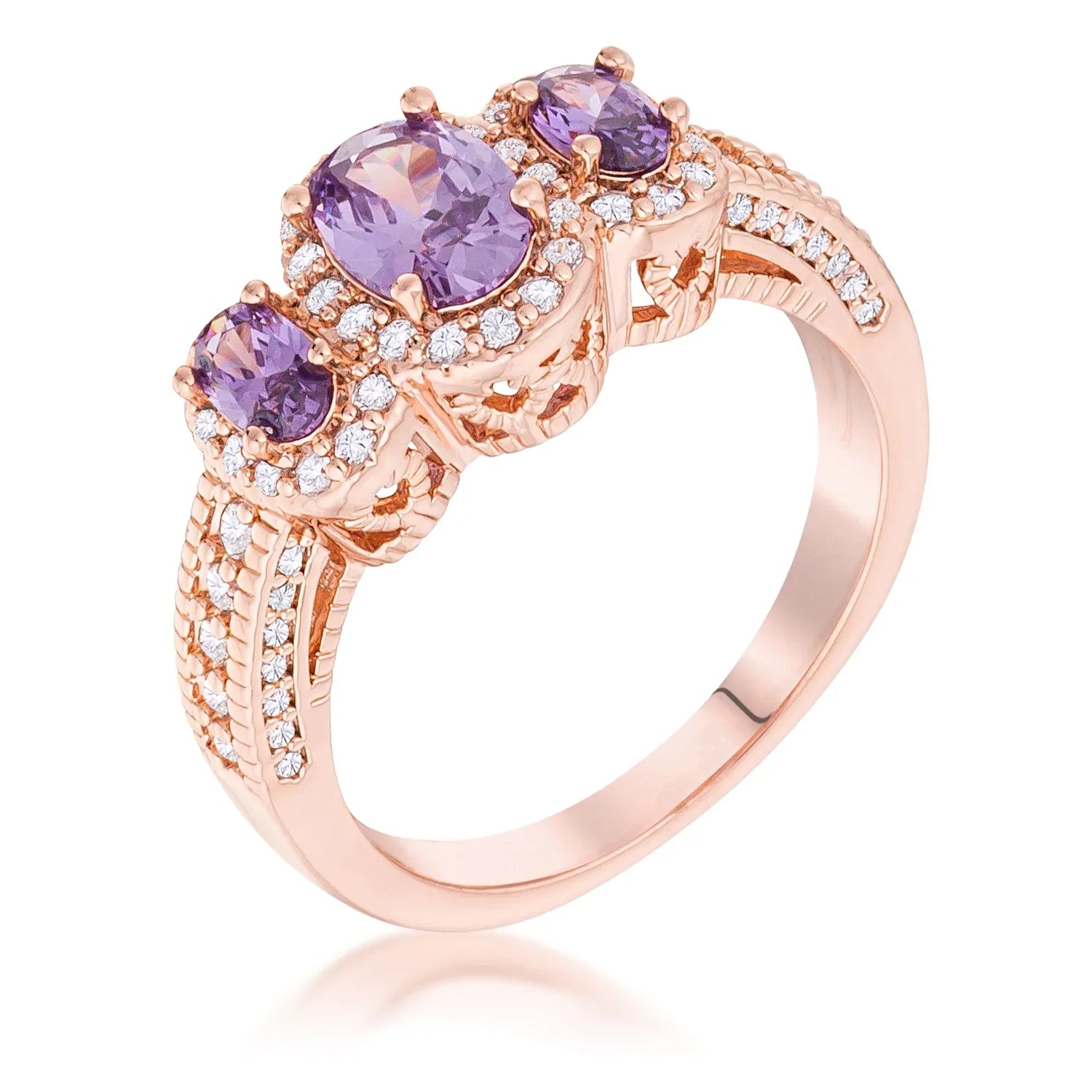 Rose Gold Plated 3-Stone Amethyst Oval Cut CZ Halo Ring Rings