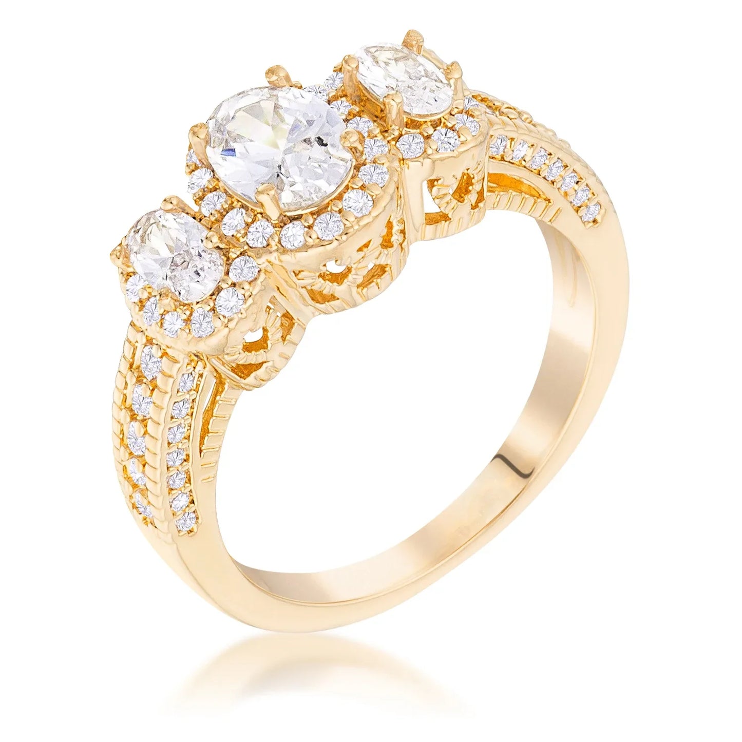 Gold Plated 3-Stone Clear Oval Cut CZ Halo Ring Rings