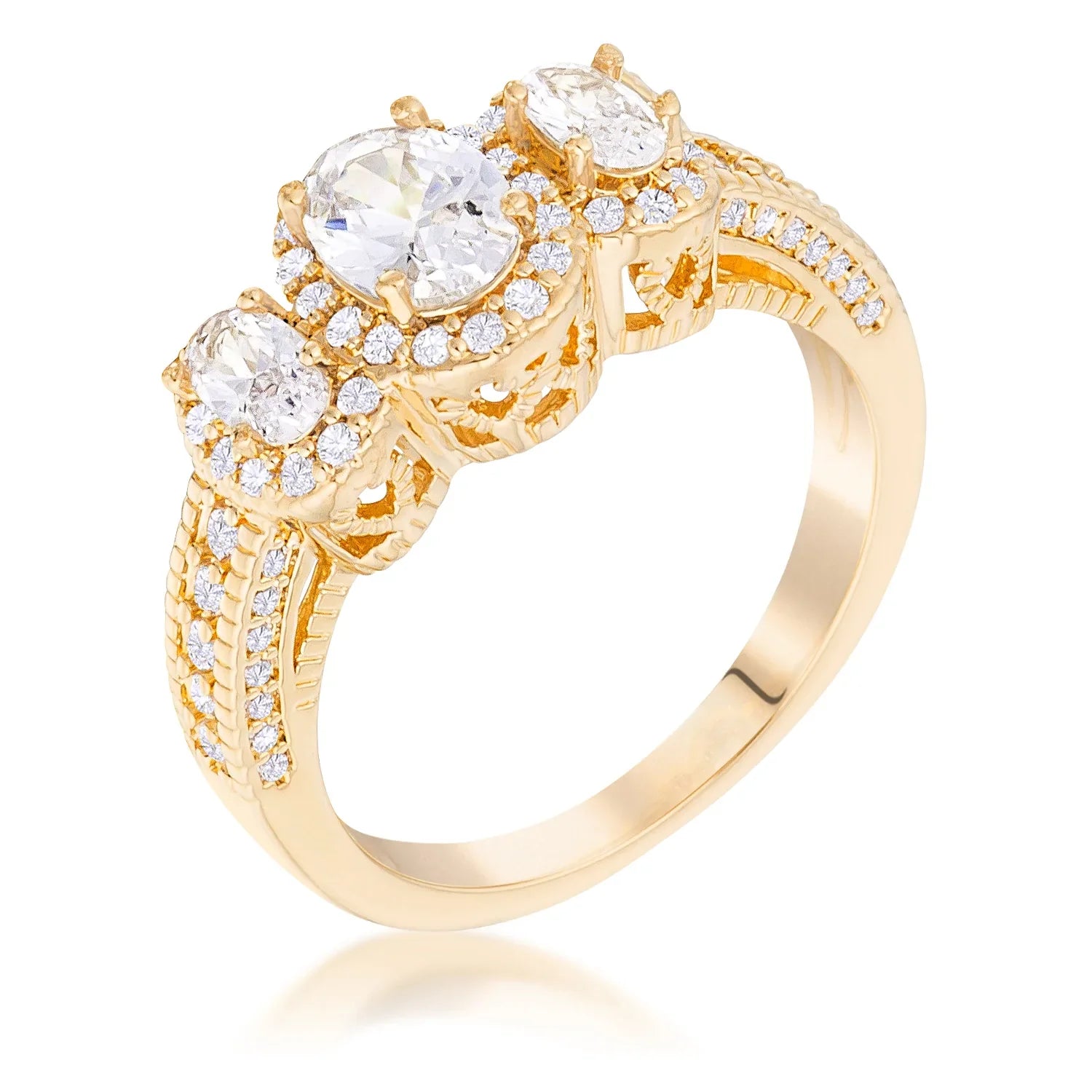 Gold Plated 3-Stone Clear Oval Cut CZ Halo Ring Rings