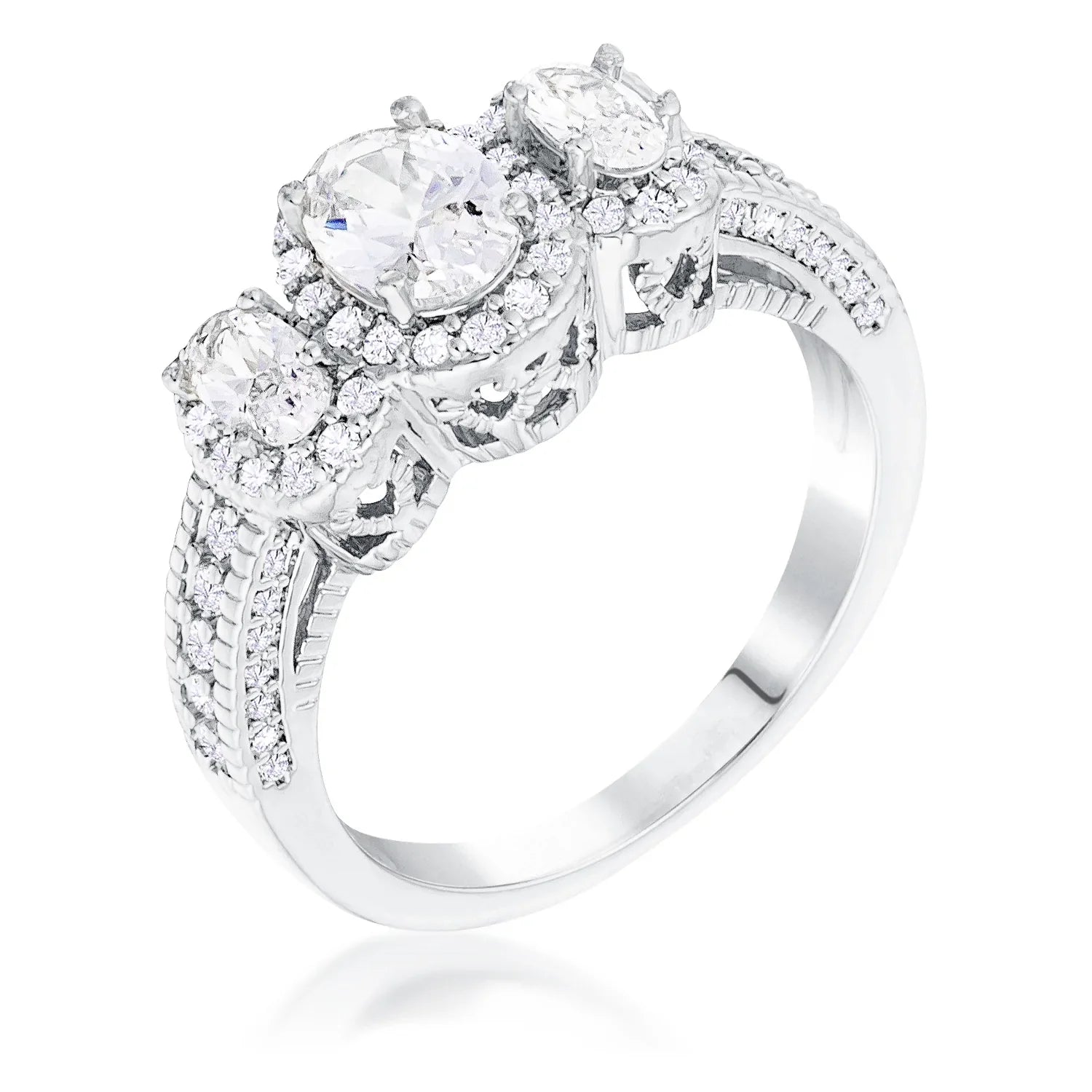 Rhodium Plated 3-Stone Clear Oval Cut CZ Halo Ring Rings