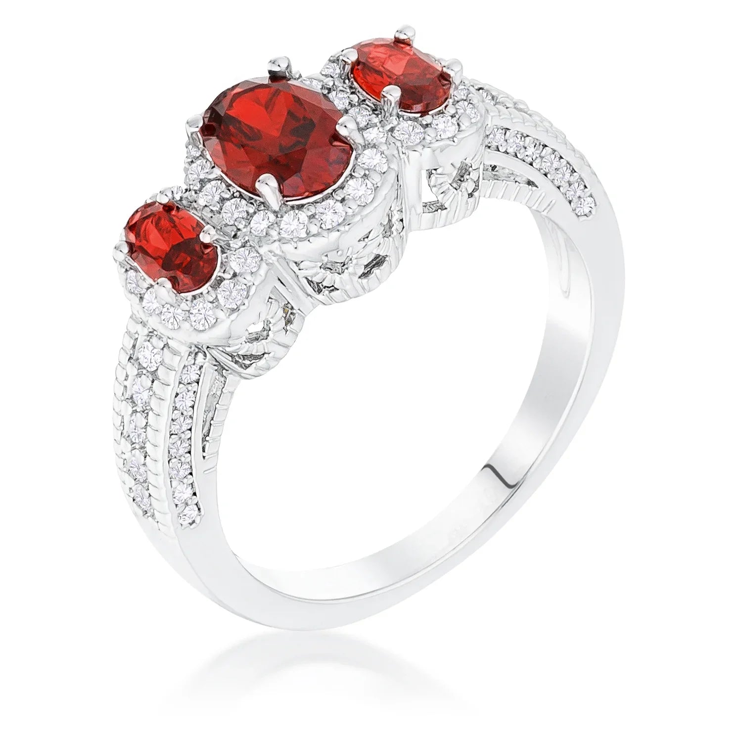 Rhodium Plated 3-Stone Garnet Oval Cut CZ Halo Ring Rings