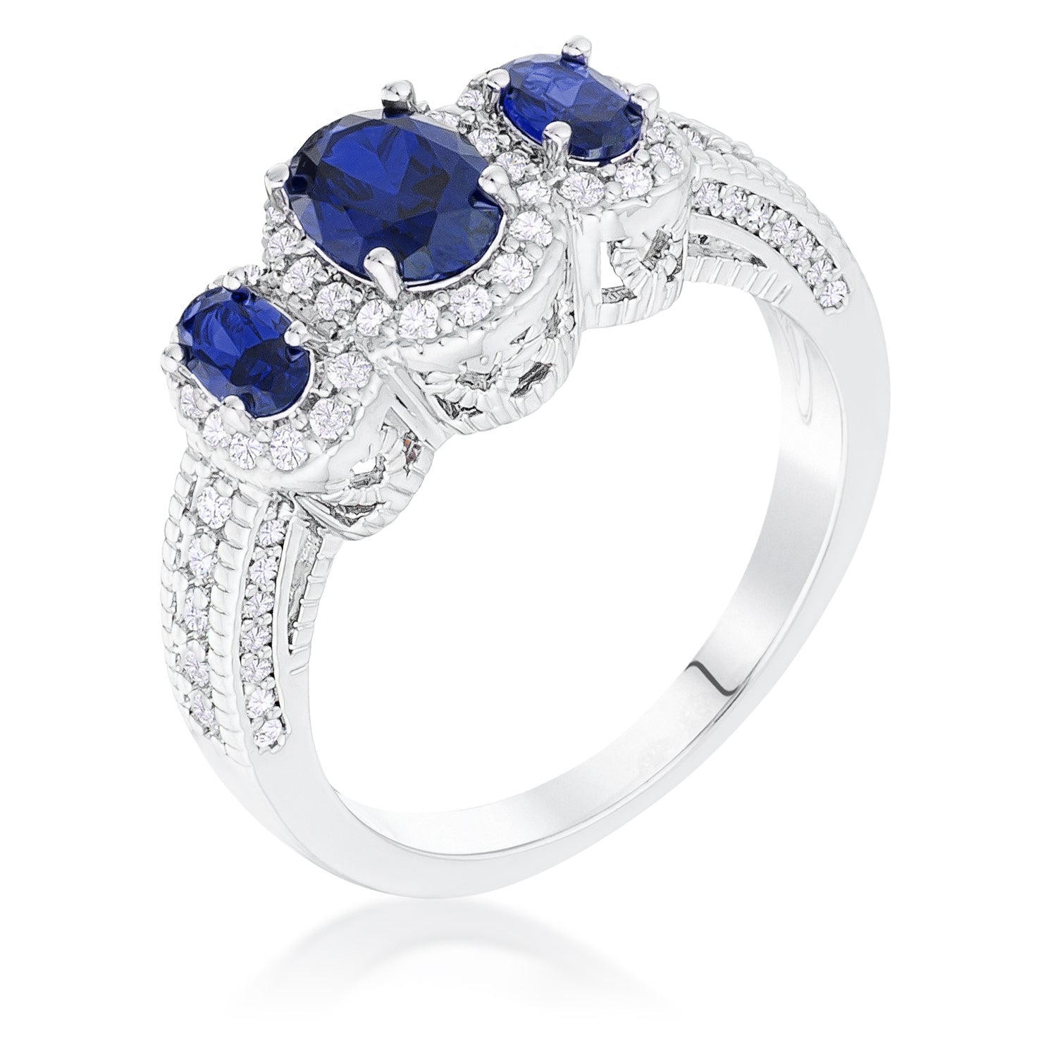 Rhodium Plated 3-Stone Sapphire Blue Oval Cut CZ Halo Ring Rings