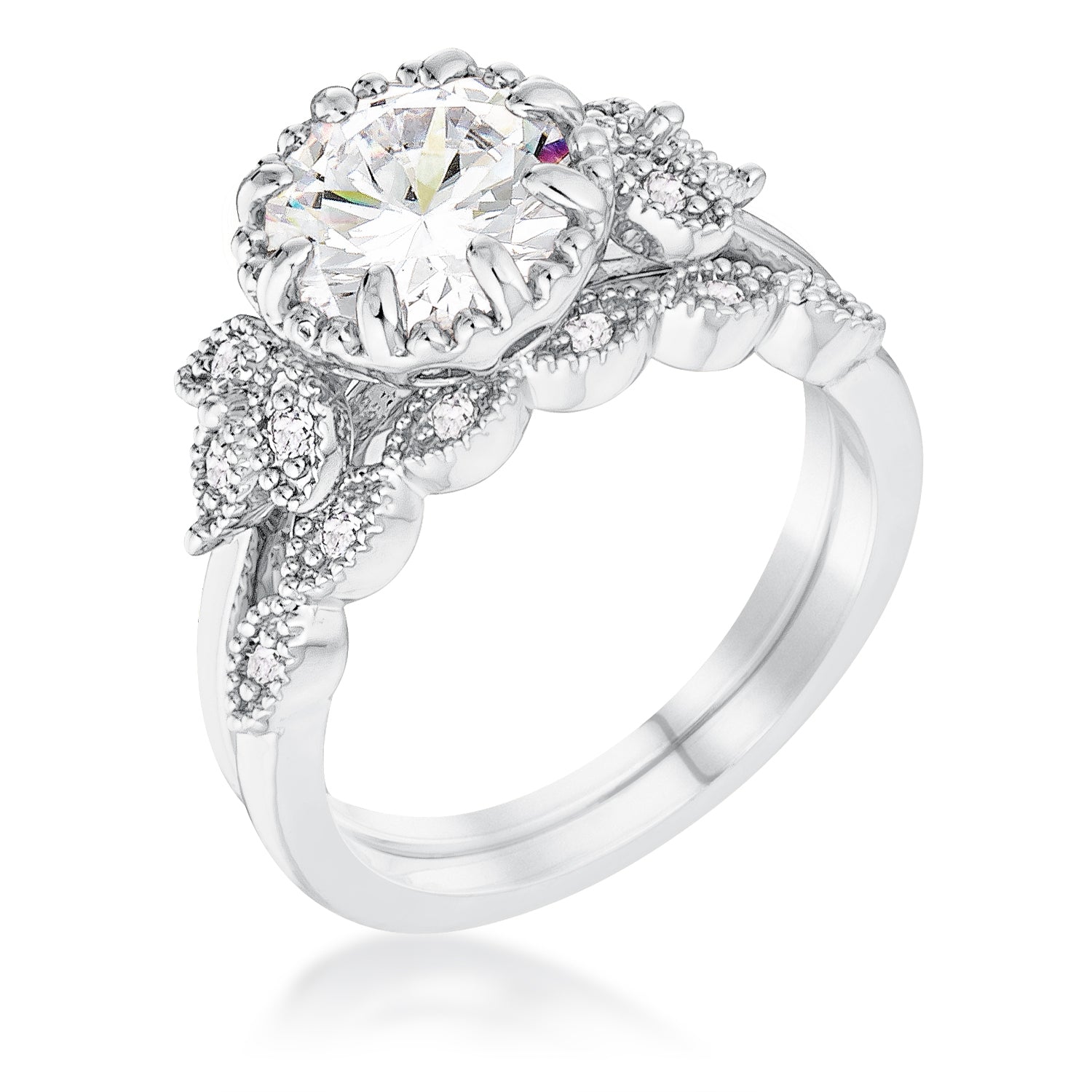 2.25Ct Rhodium Plated Round Cut CZ Trio Laurel Leaf Engagement Set Rings