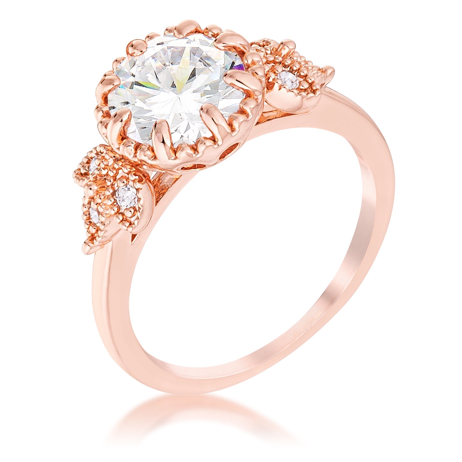 2Ct Rose Gold Plated Round Cut CZ Trio Laurel Leaf Engagement Ring Rings