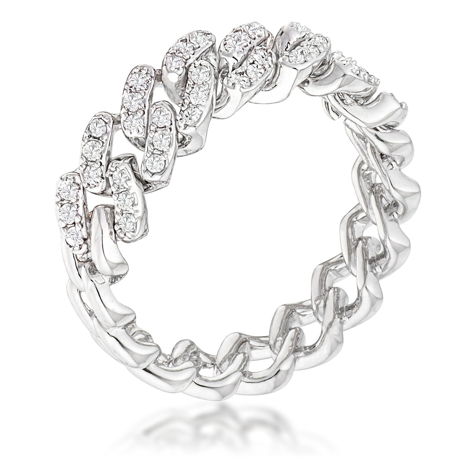 Rhodium Plated Clear CZ Round Cut Flexible Chain Ring Rings