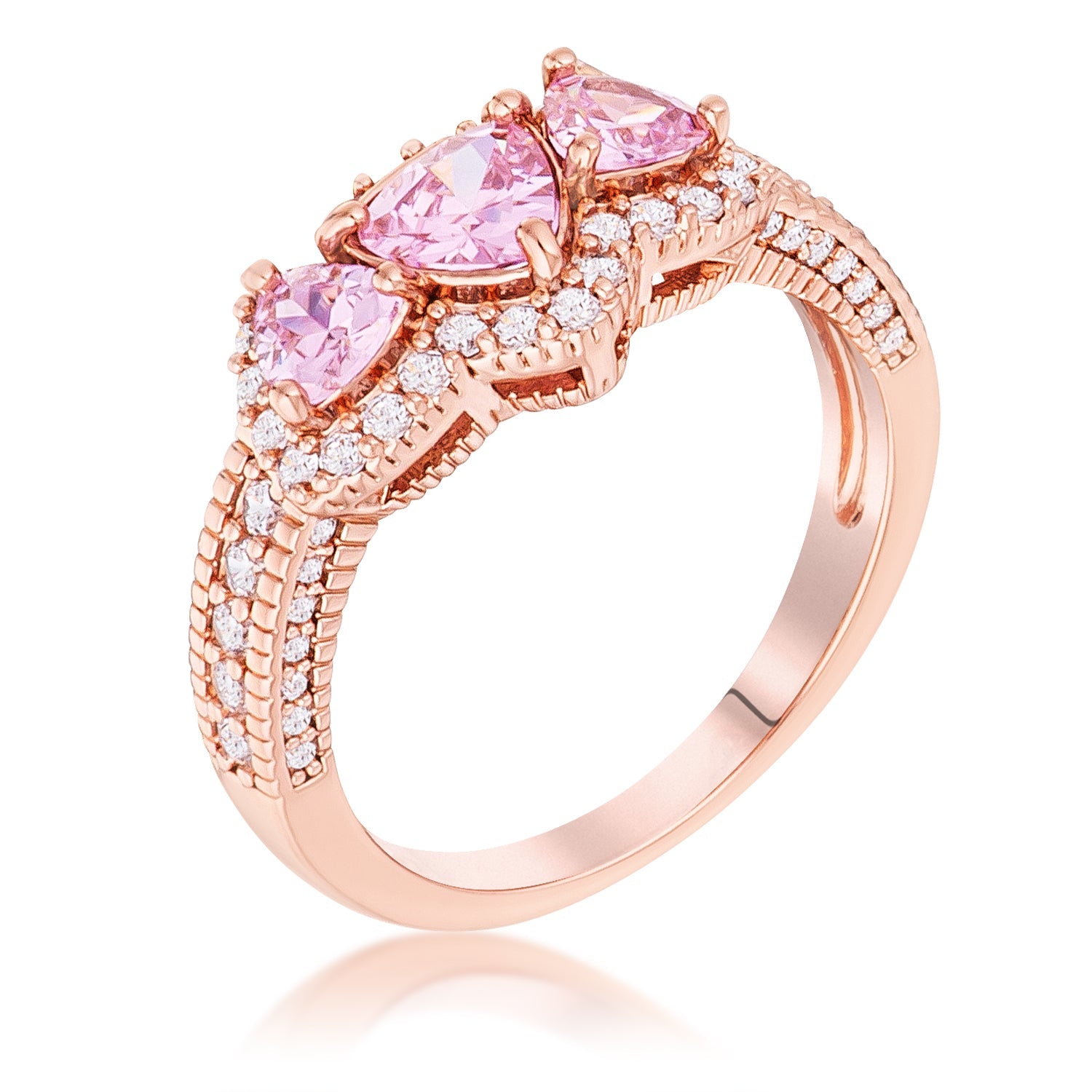 Rose Gold Plated 3-Stone Trillion Cut Pink CZ Halo Pave Ring Rings