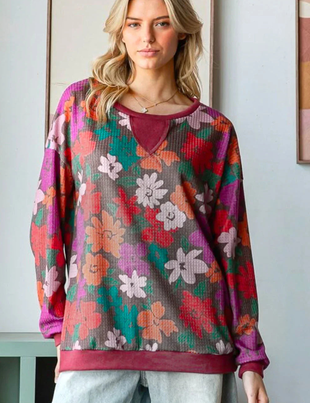 Multicolor Floral Waffle Terry Reverse Stitch Pullover | Daverri Fashions