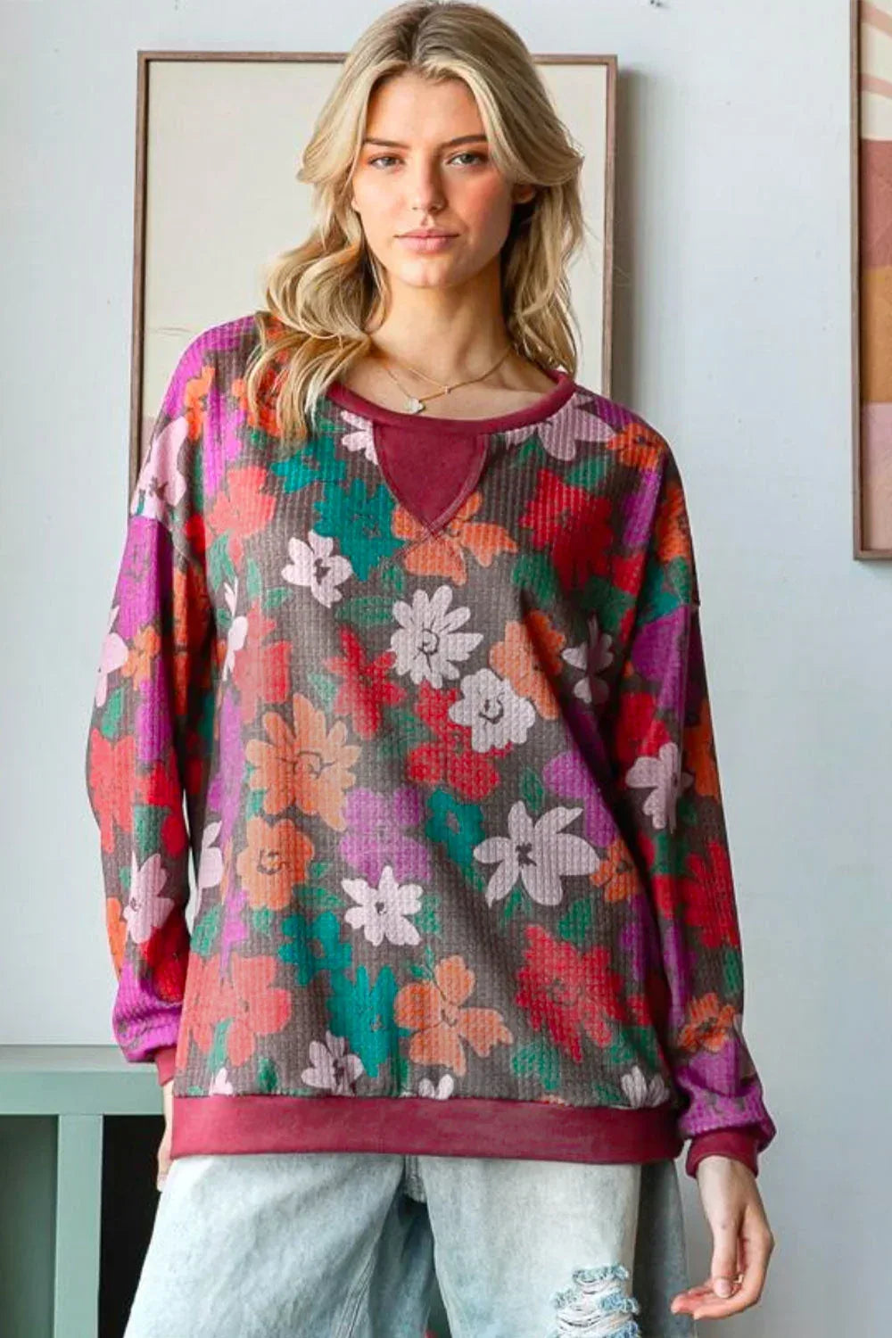 Look Adorable Brown/Multicolor Floral Waffle Terry Reverse Stitch Pullover - DAVERRI FASHIONS
