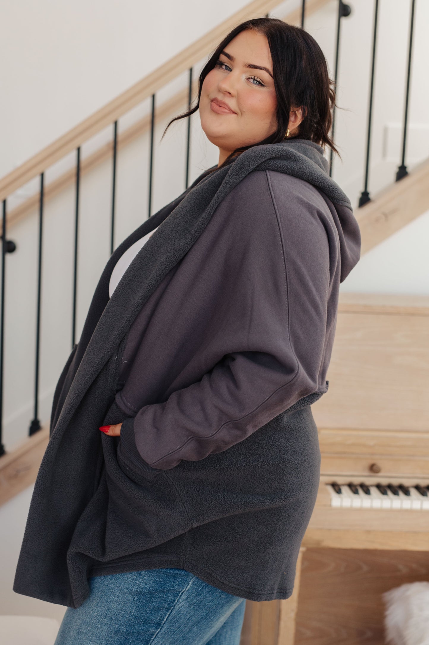 Cozy dark gray Room For Two oversized fleece hoodie, relaxed fit