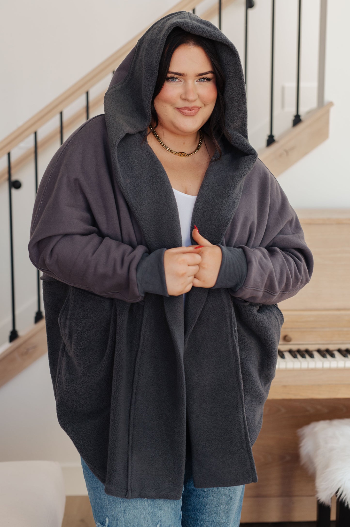 Cozy dark gray Room For Two Hooded Sweatshirt with plush texture