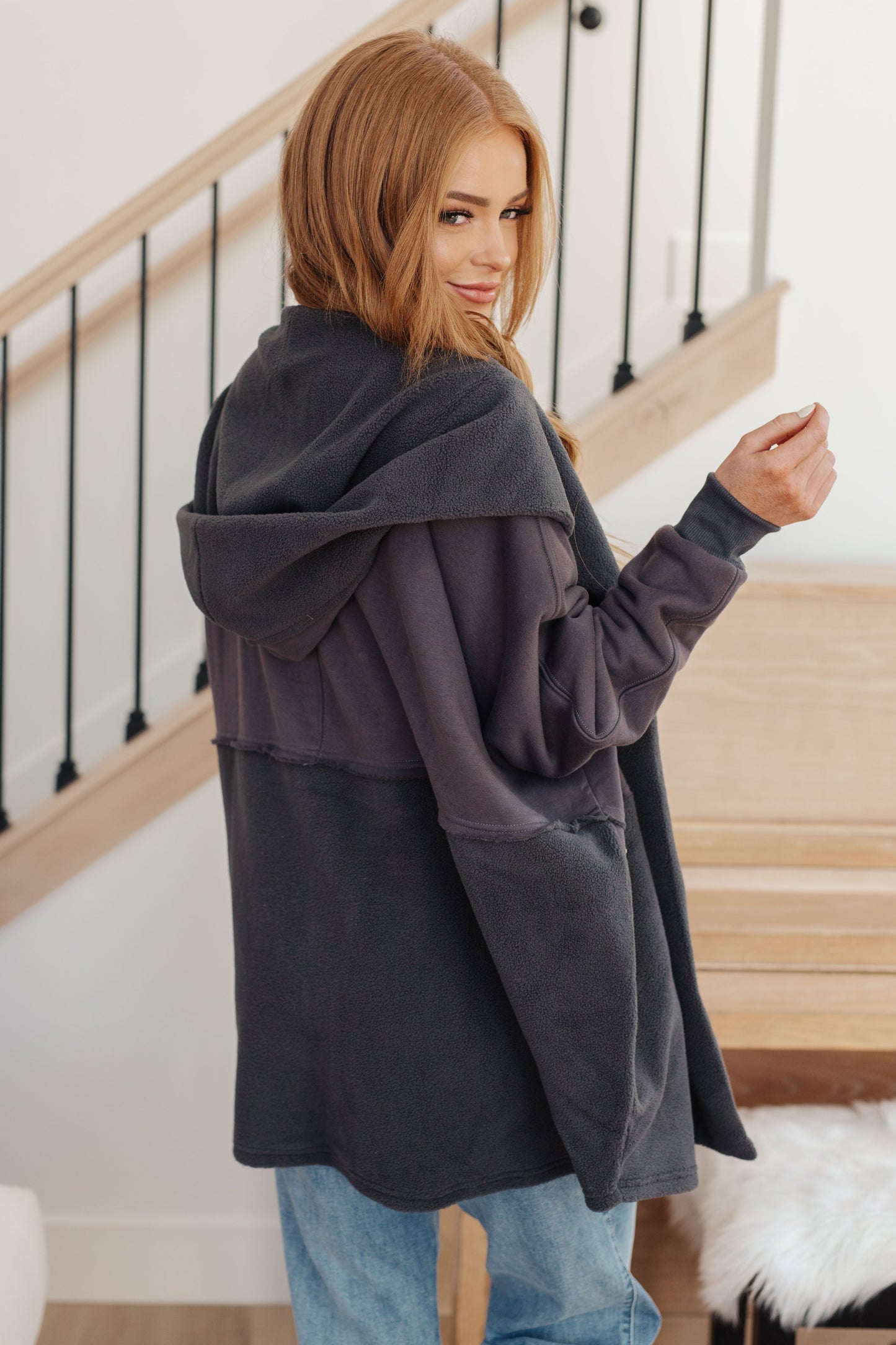 Cozy dark gray Room For Two Hooded Sweatshirt with relaxed fit and panels