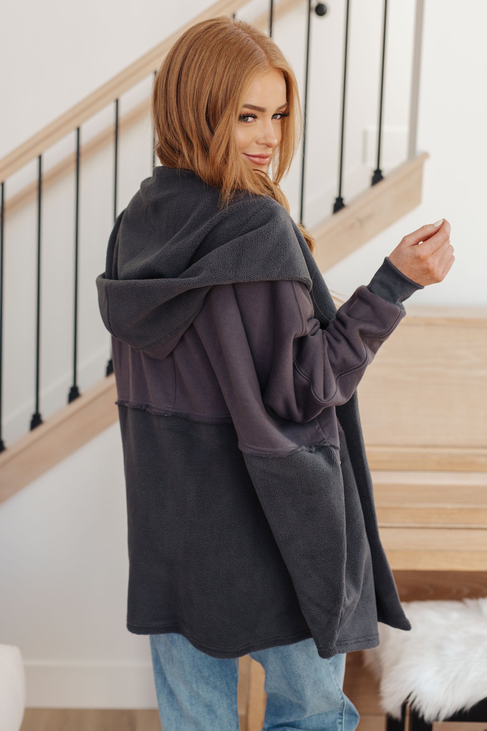 Cozy dark gray Room For Two Hooded Sweatshirt with relaxed fit and panels