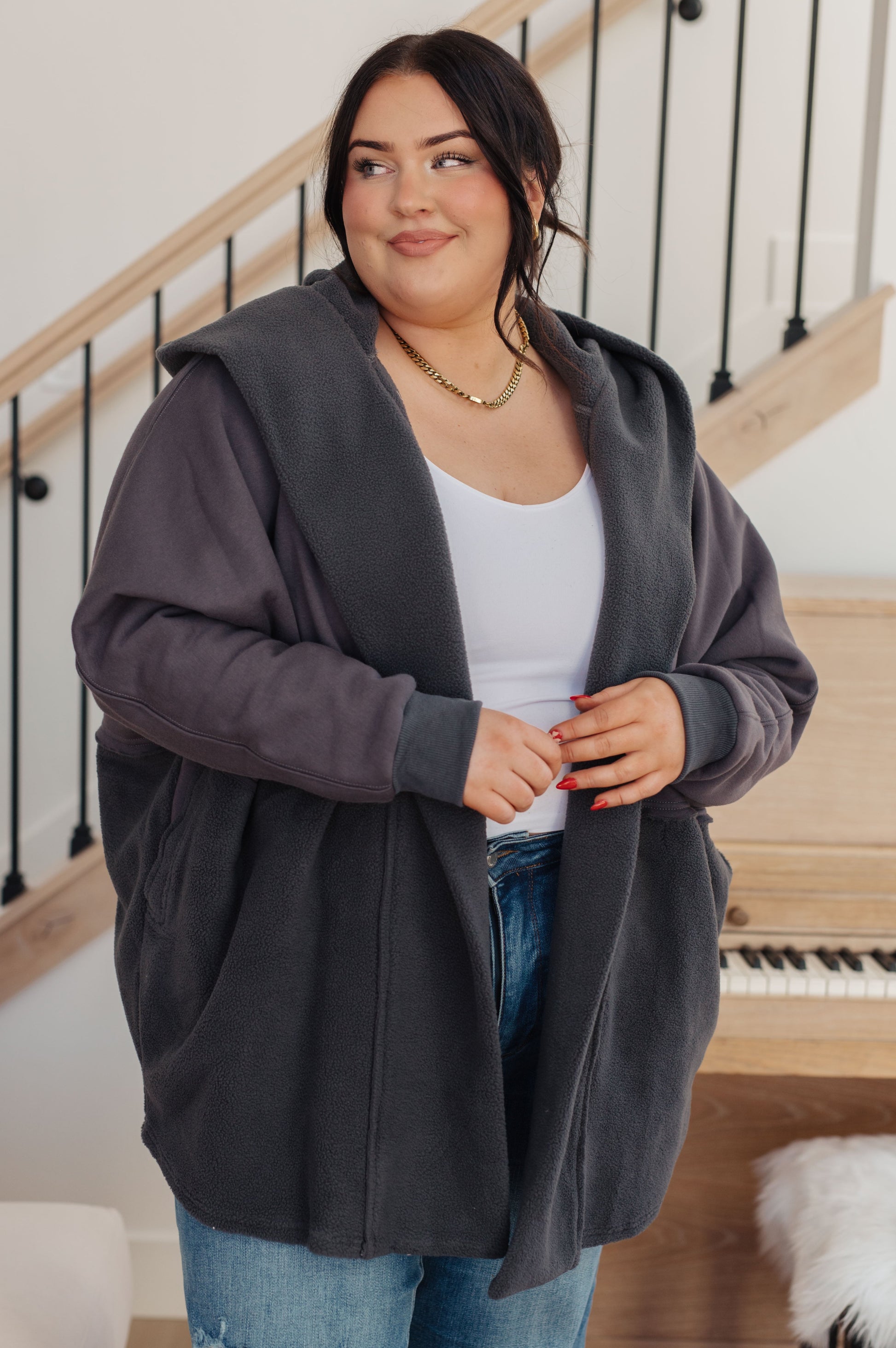 Dark gray oversized fleece Room For Two Hooded Sweatshirt with hood and zipper