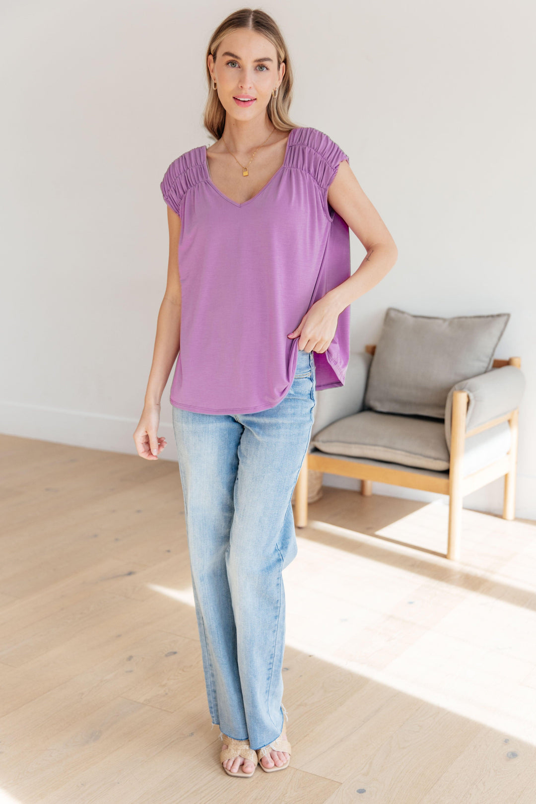 Ruched Cap Sleeve Top in Lavender Shirts & Tops