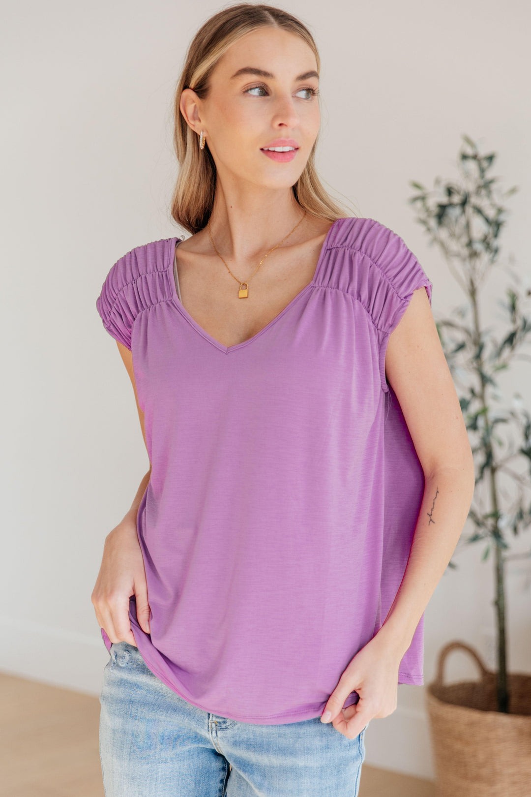 Ruched Cap Sleeve Top in Lavender Lavender Shirts & Tops