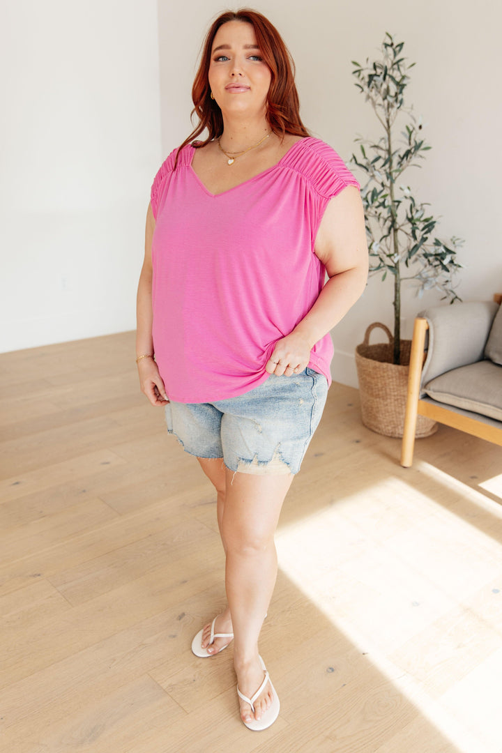 Ruched Cap Sleeve Top in Magenta Shirts & Tops