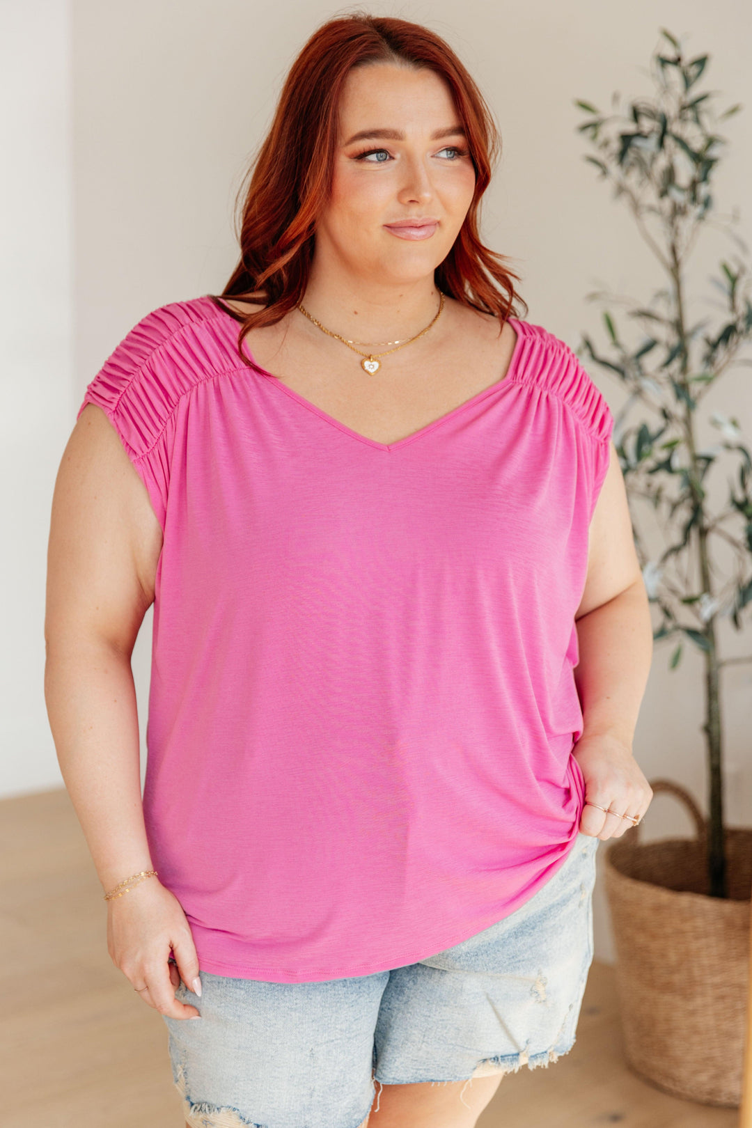 Ruched Cap Sleeve Top in Magenta Shirts & Tops