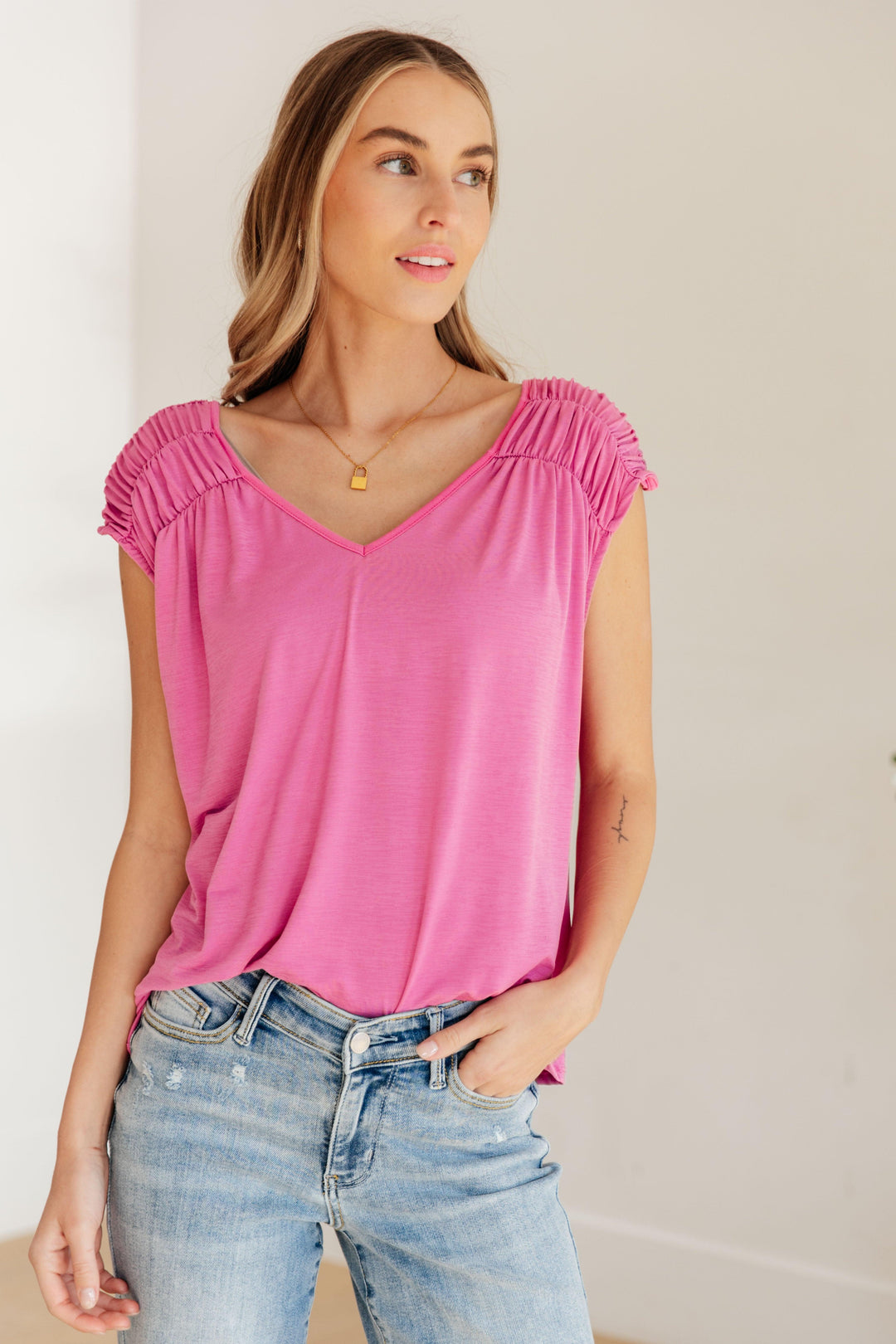 Ruched Cap Sleeve Top in Magenta Medium Megenta Shirts & Tops