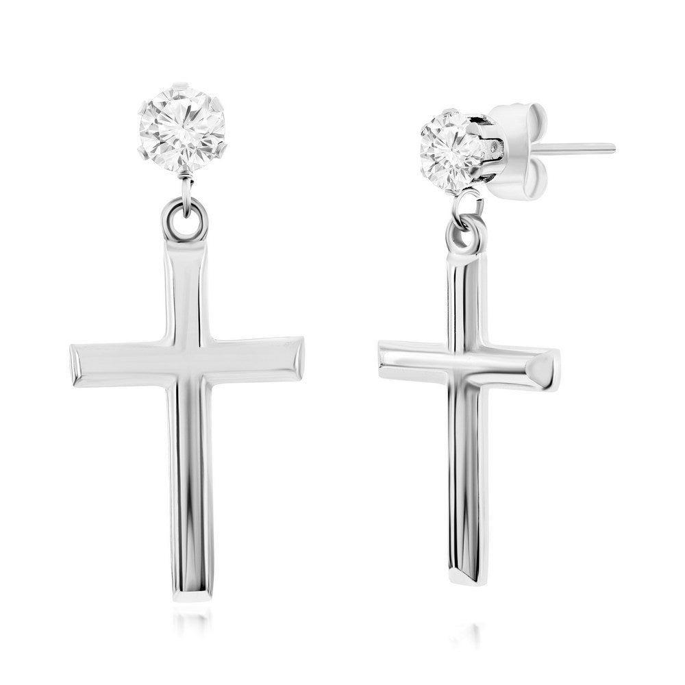 Stainless Steel Polished Cross & CZ Earrings Earrings