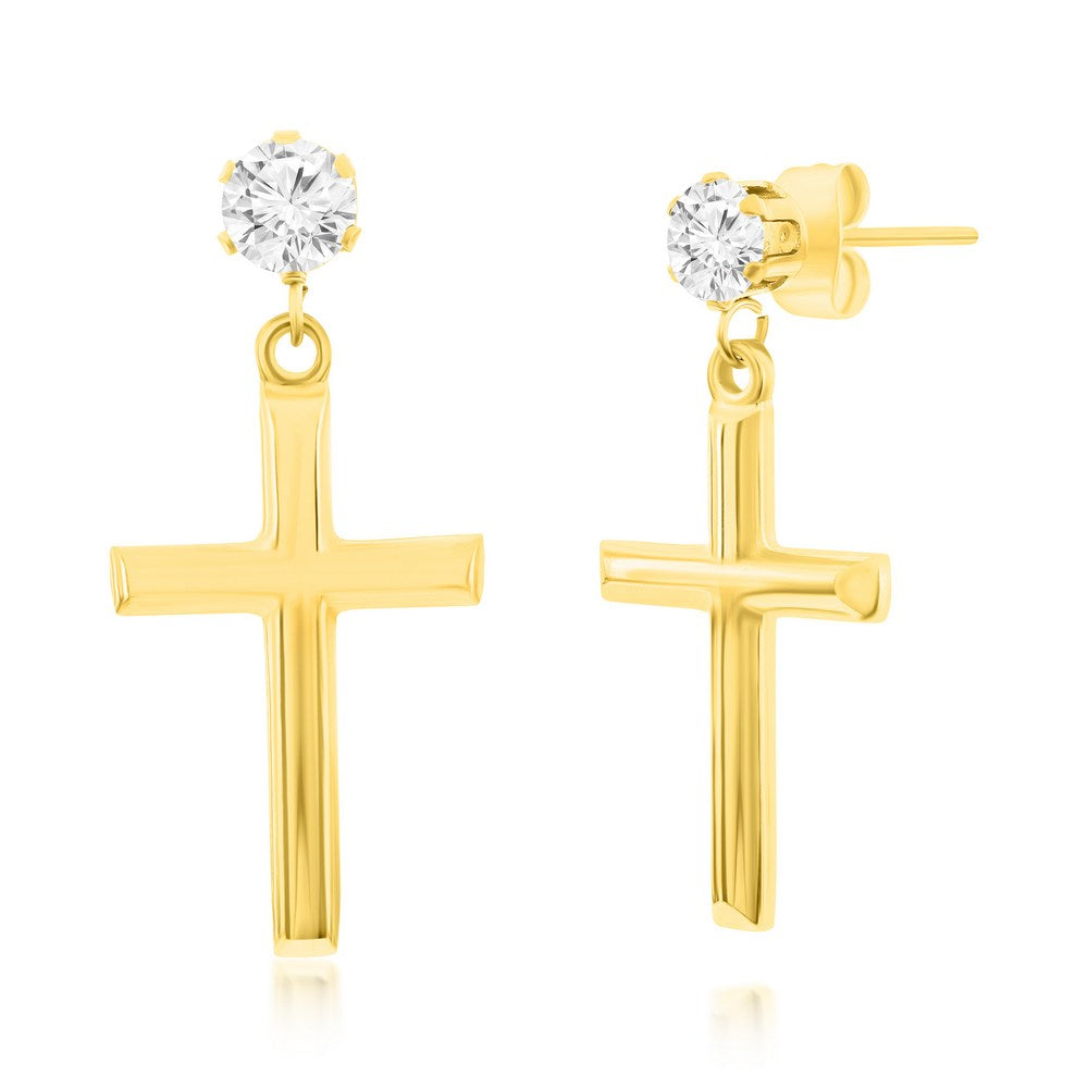 Stainless Steel Polished Cross & CZ Earrings - Gold Plated Earrings