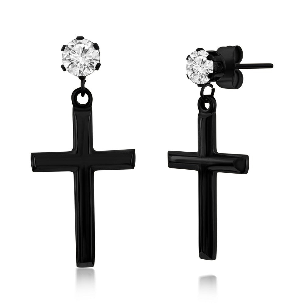 Stainless Steel Polished Cross & CZ Earrings - Black Plated Earrings