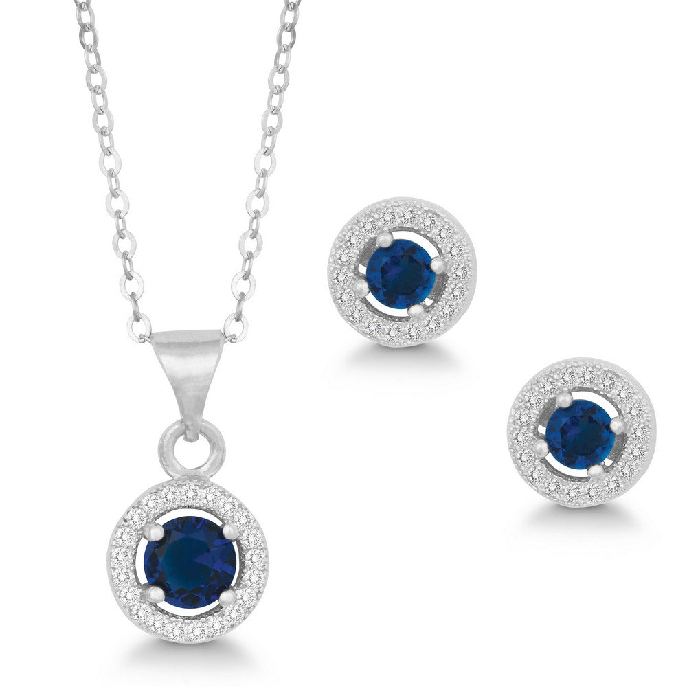 Sterling Silver Round Pendant and Earrings Set w/Chain - Navy Blue CZ Sets