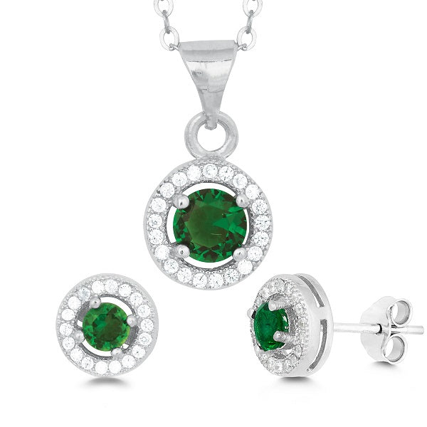 Sterling Silver Round Pendant and Earrings Set w/Chain - Green CZ Sets