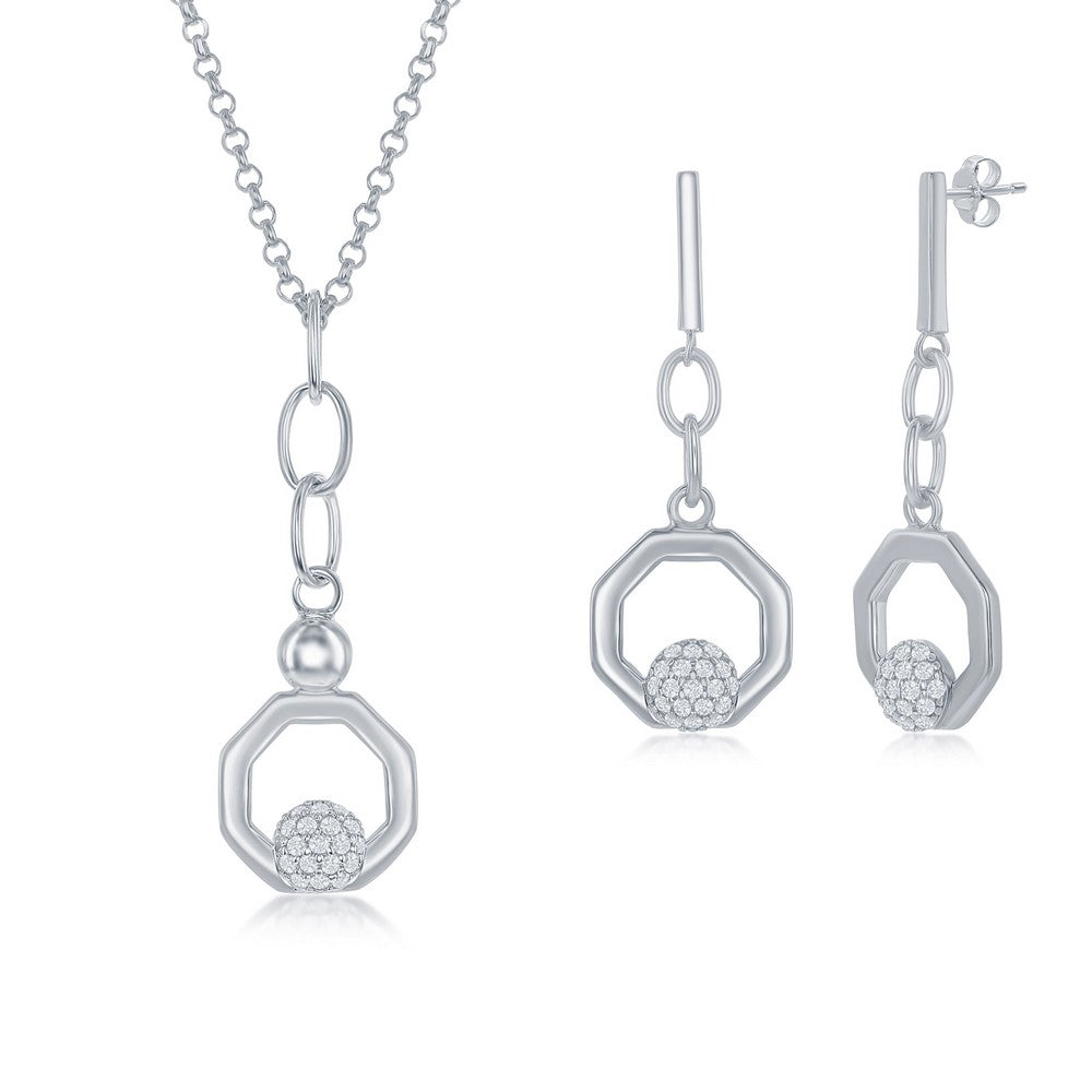 Sterling Silver Round Micro Pave CZ Open Hexagon Pendant & Earrings Set W/Chain Sets