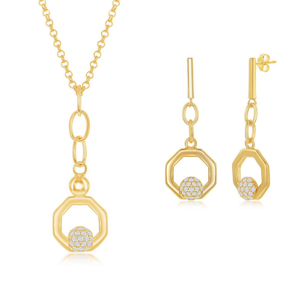 Sterling Silver Round Micro Pave CZ Open Hexagon Pendant & Earrings Set W/Chain - Gold Plated Sets