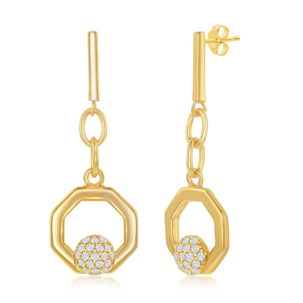 Sterling Silver Round Micro Pave CZ Open Hexagon Pendant & Earrings Set W/Chain - Gold Plated Sets